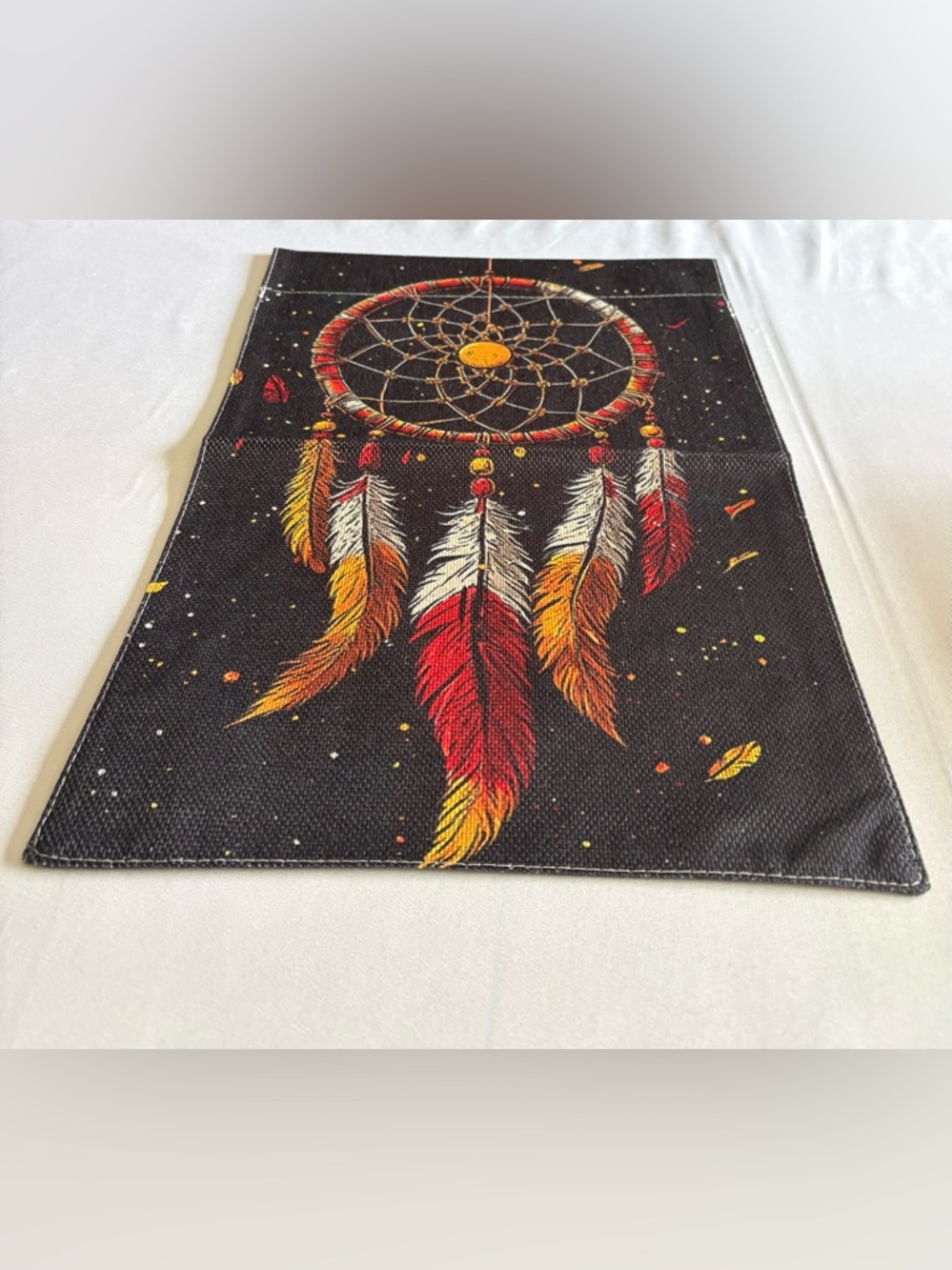 Dreamcatcher Burlap Garden Flag - Red, Orange & Yellow Feathers